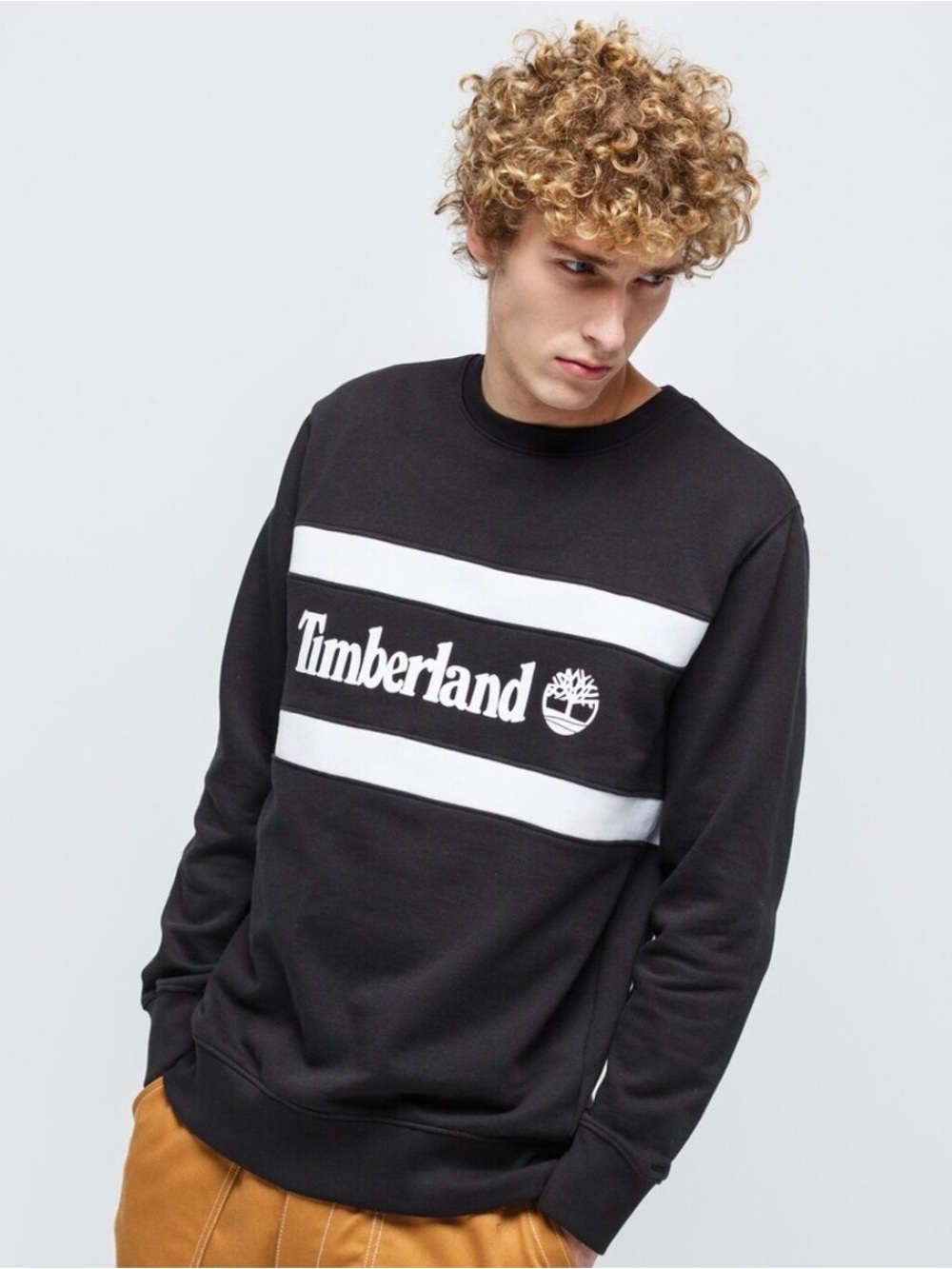 Timberland Black Crewneck Sweatshirt with White Stripe Logo